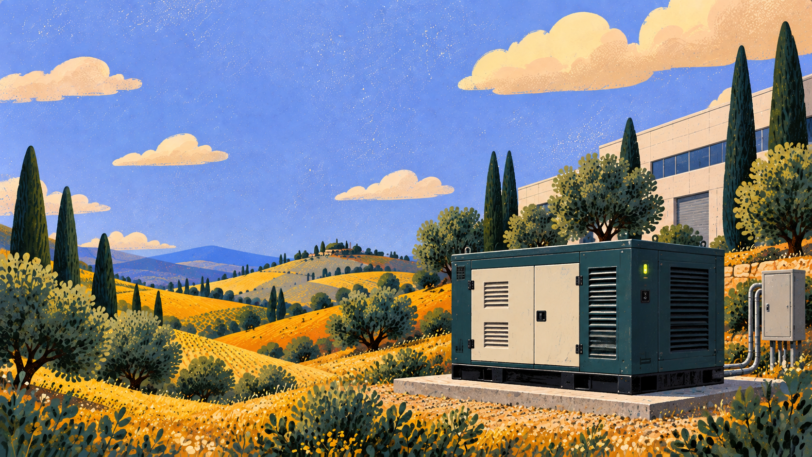 Ilustração de um gerador em uma paisagem, representando a conexão entre equipamentos e operação.